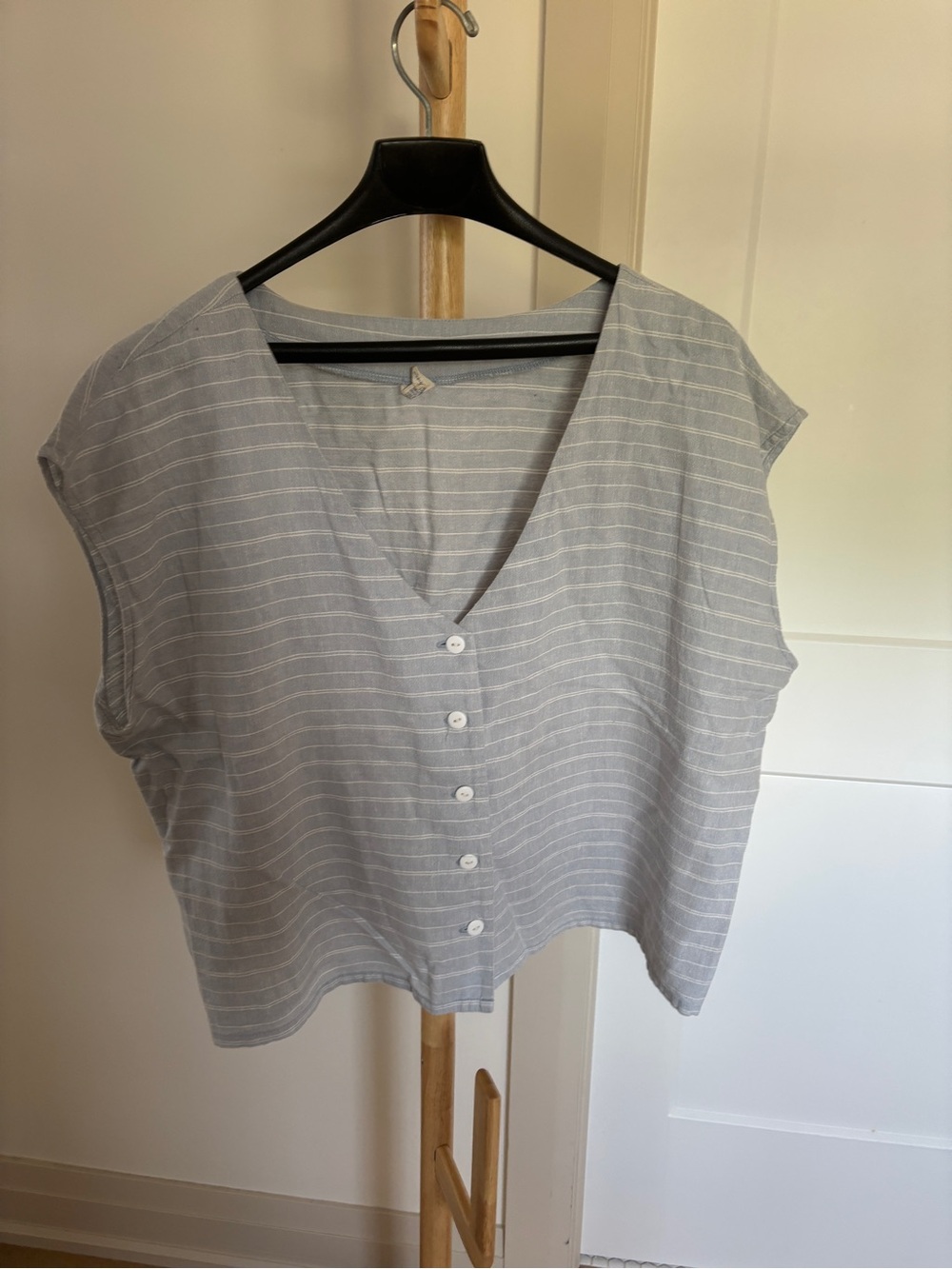 Striped Light blue V-Neck Button Crop Top